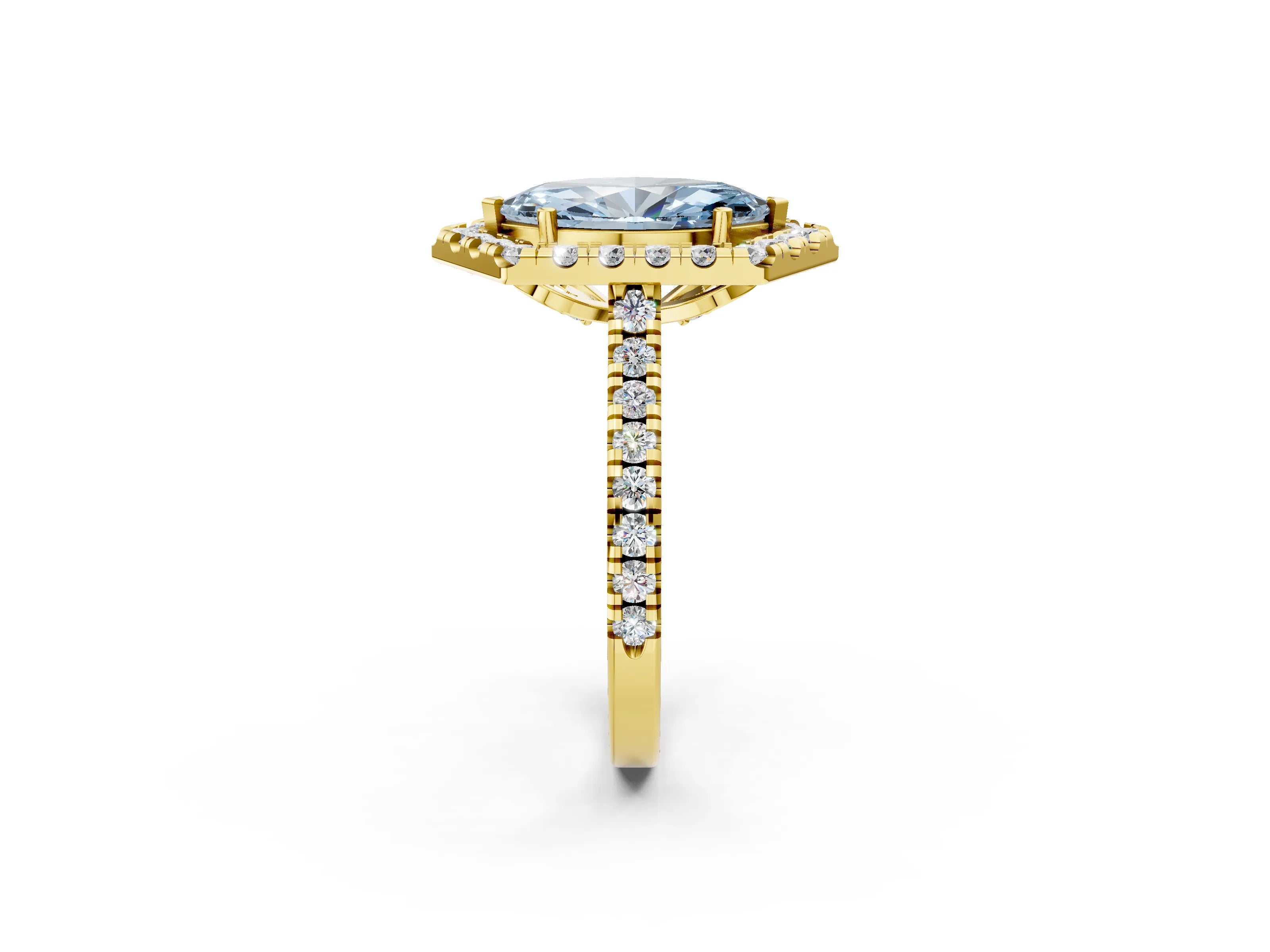 Yellow gold Hexagonal Halo Fancy Blue Marquise Cut Diamond Pavé Band with Four-Prong Setting_2