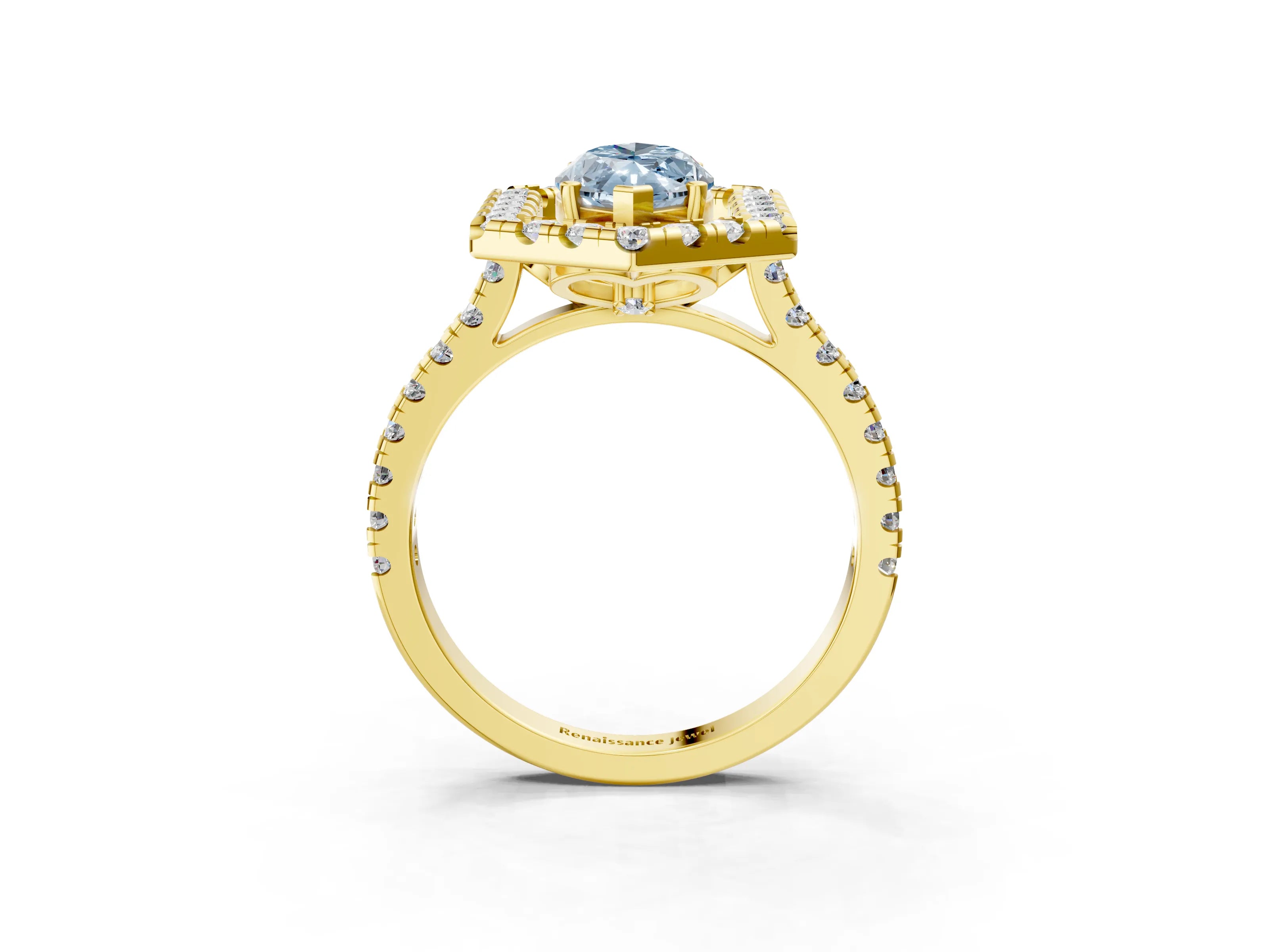 Yellow gold Hexagonal Halo Fancy Blue Marquise Cut Diamond Pavé Band with Four-Prong Setting_3