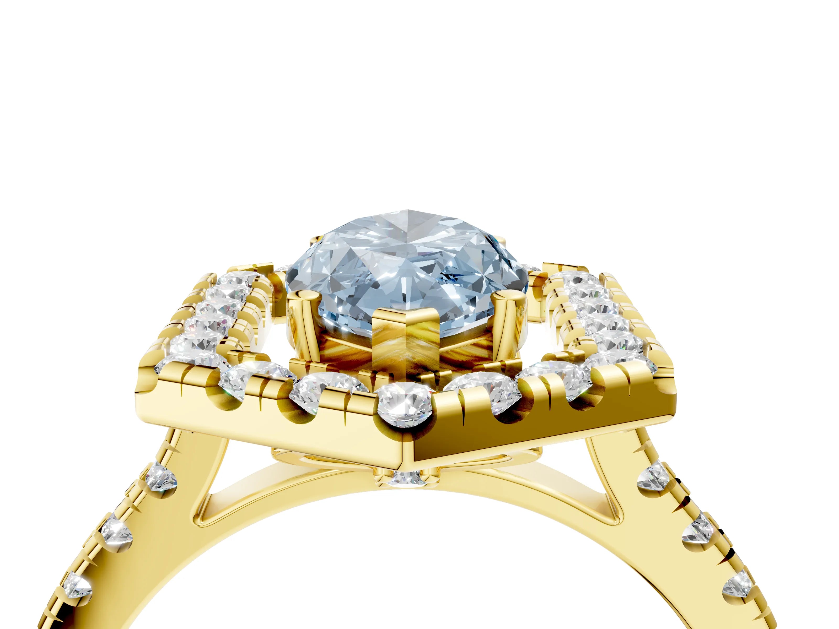 Yellow gold Hexagonal Halo Fancy Blue Marquise Cut Diamond Pavé Band with Four-Prong Setting_4