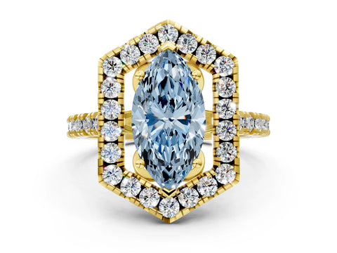 Yellow gold Hexagonal Halo Fancy Blue Marquise Cut Diamond Pavé Band with Four-Prong Setting