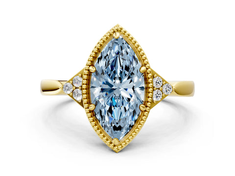 Yellow gold Hexagonal Halo Fancy Blue Marquise Cut Diamond Solitaire with Pavé Band and Four-Prong Setting_3