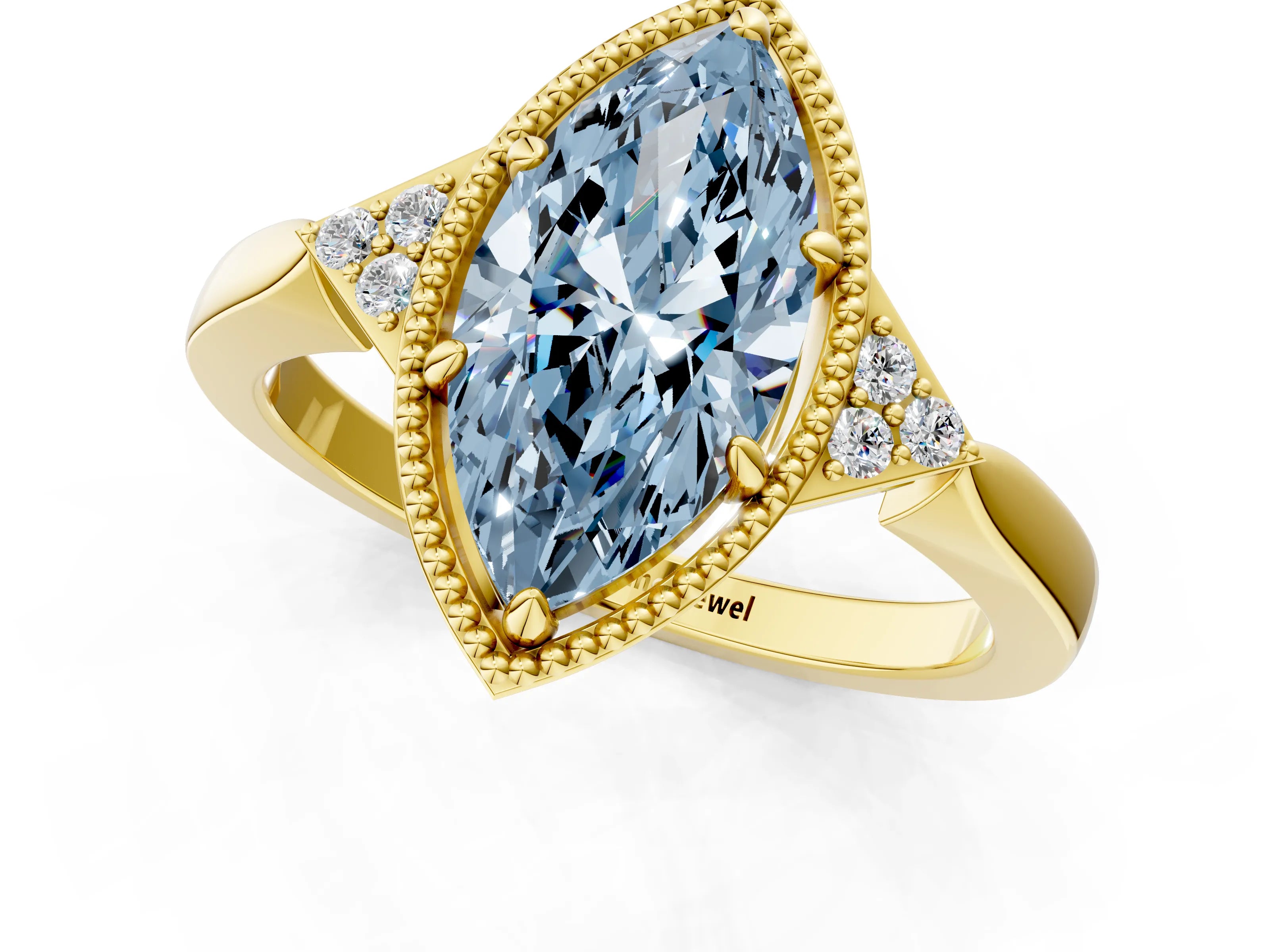 Yellow gold Hexagonal Halo Fancy Blue Marquise Cut Diamond Solitaire with Pavé Band and Four-Prong Setting_4