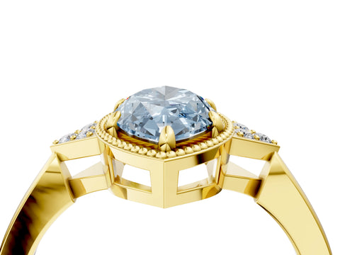 Yellow gold Hexagonal Halo Fancy Blue Marquise Cut Diamond Solitaire with Pavé Band and Four-Prong Setting_7