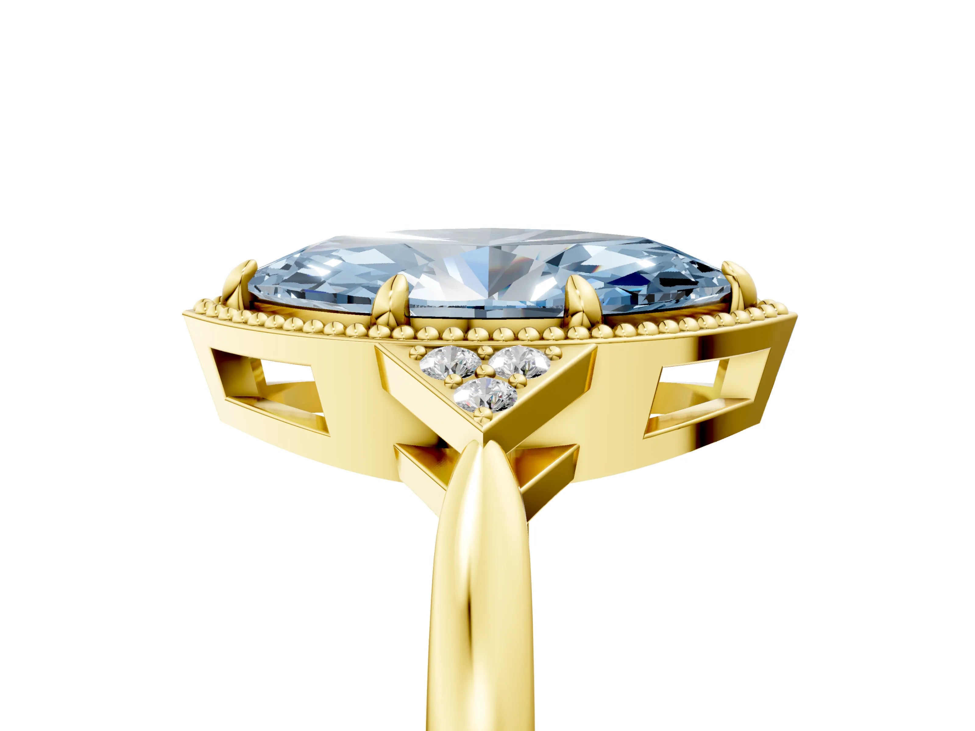Yellow gold Hexagonal Halo Fancy Blue Marquise Cut Diamond Solitaire with Pavé Band and Four-Prong Setting_8