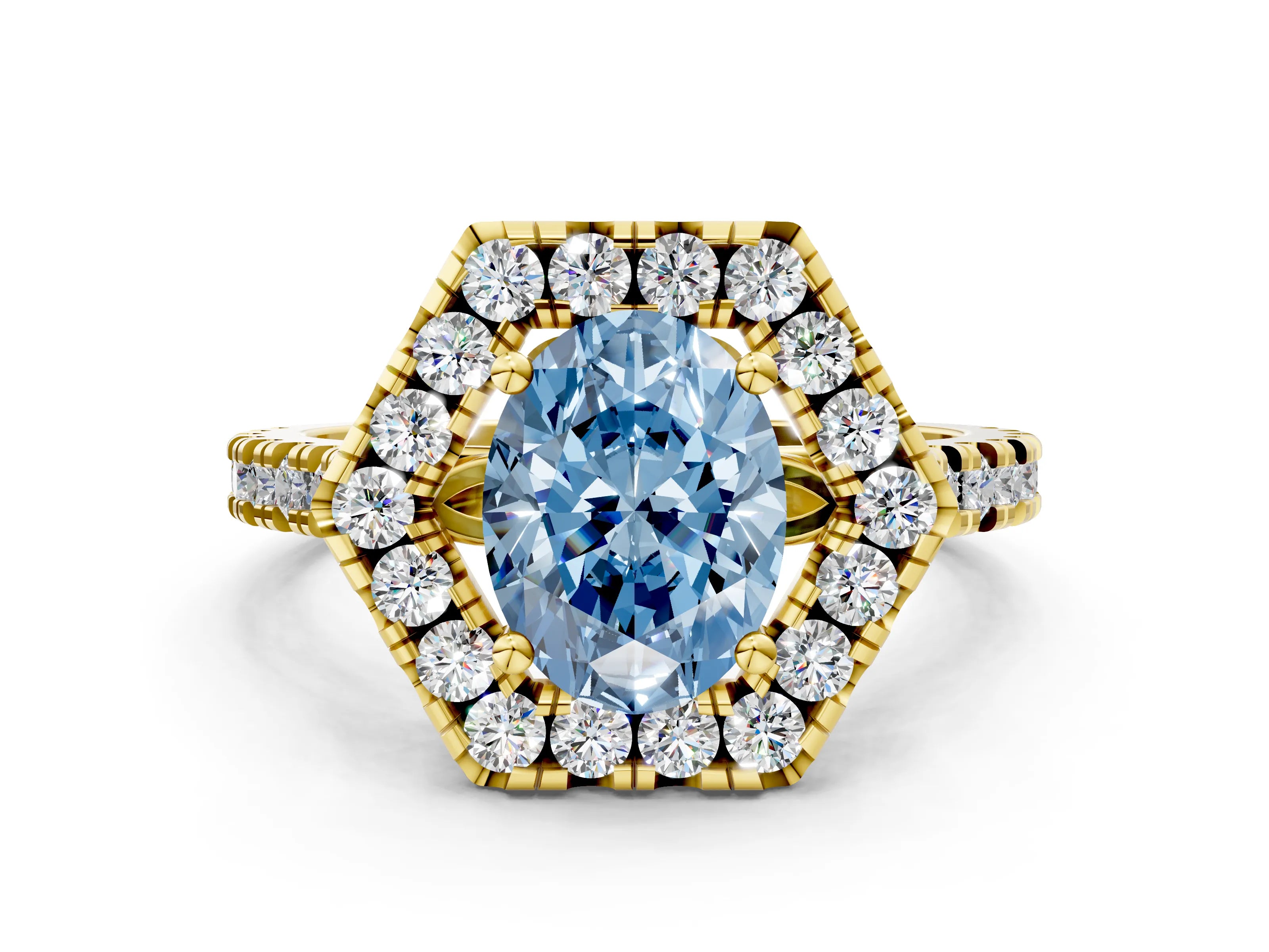 Yellow gold Hexagonal Halo Fancy Blue Oval Cut Diamond Pavé Band with Four-Prong Setting