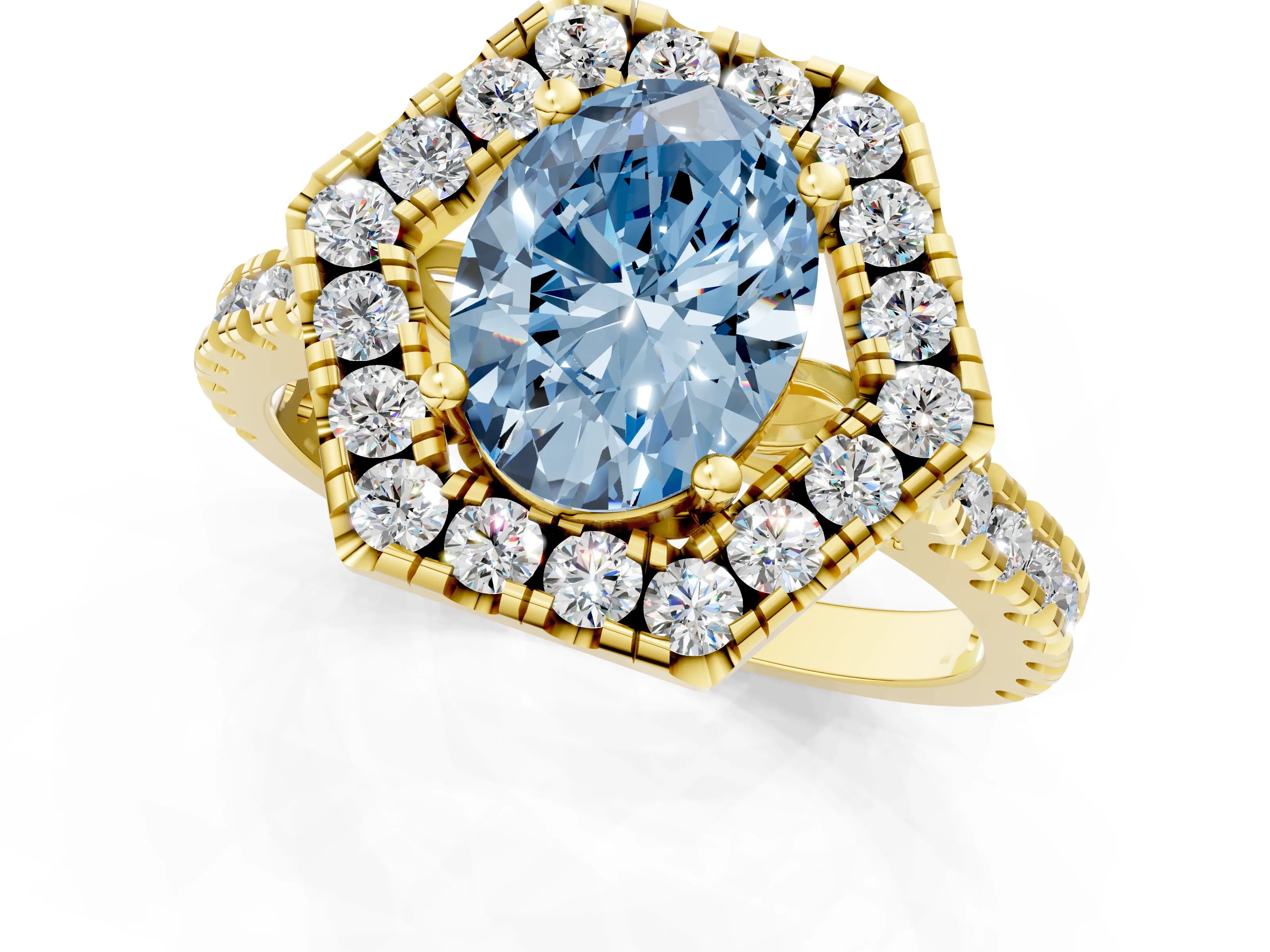 Yellow gold Hexagonal Halo Fancy Blue Oval Cut Diamond Pavé Band with Four-Prong Setting_1