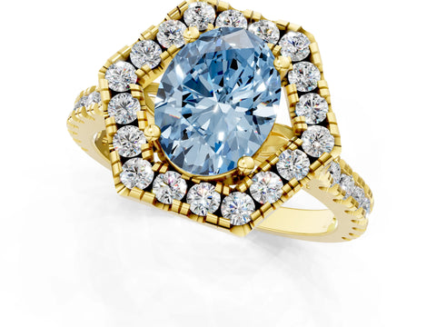 Yellow gold Hexagonal Halo Fancy Blue Oval Cut Diamond Pavé Band with Four-Prong Setting_1