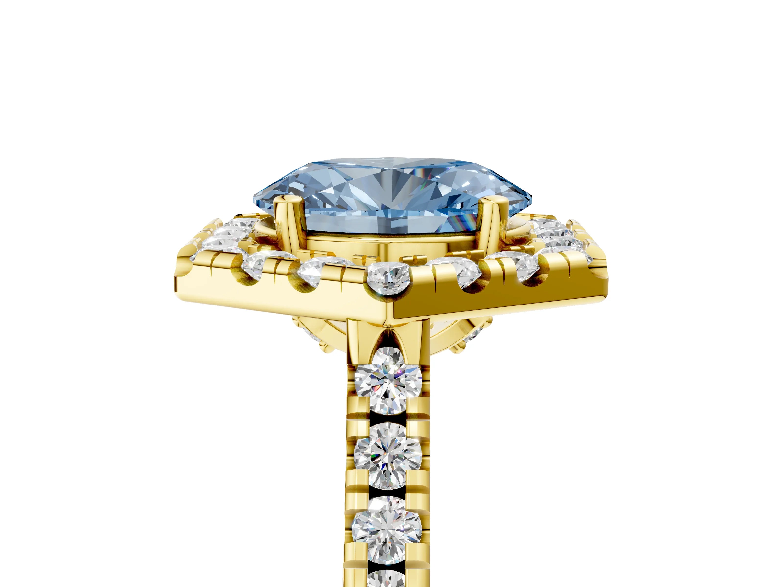 Yellow gold Hexagonal Halo Fancy Blue Oval Cut Diamond Pavé Band with Four-Prong Setting_5