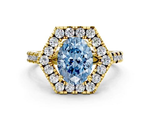 Yellow gold Hexagonal Halo Fancy Blue Oval Cut Diamond Pavé Band with Four-Prong Setting