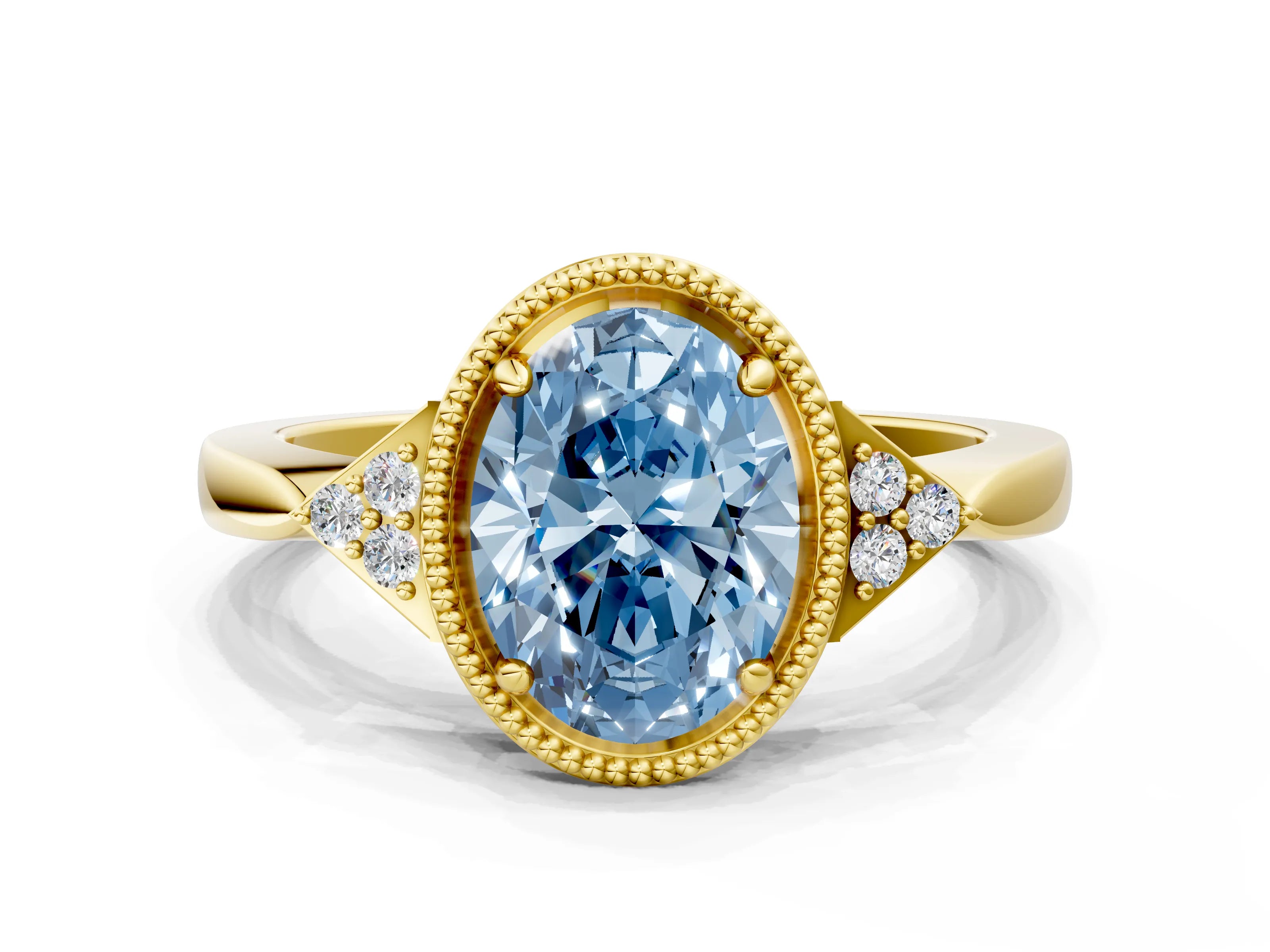Yellow gold Hexagonal Halo Fancy Blue Oval Cut Diamond Solitaire with Pavé Band and Four-Prong Setting_3