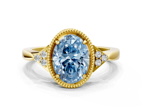 Yellow gold Hexagonal Halo Fancy Blue Oval Cut Diamond Solitaire with Pavé Band and Four-Prong Setting_3