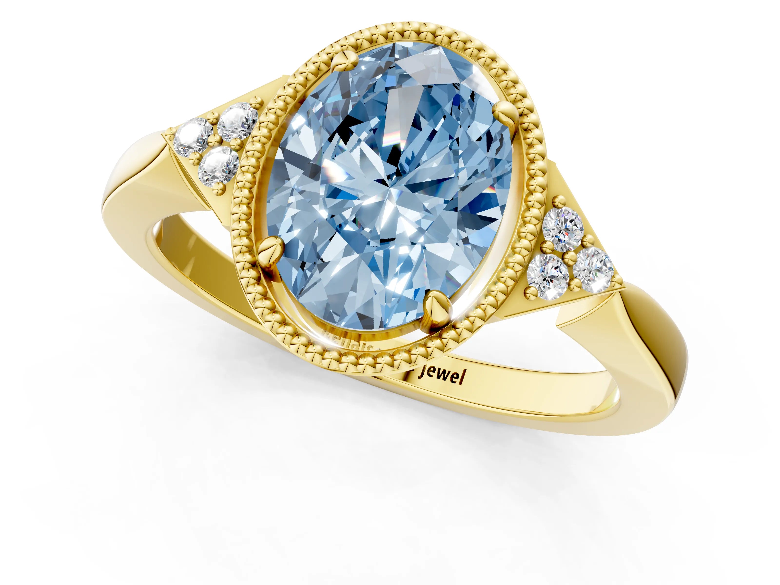 Yellow gold Hexagonal Halo Fancy Blue Oval Cut Diamond Solitaire with Pavé Band and Four-Prong Setting_4