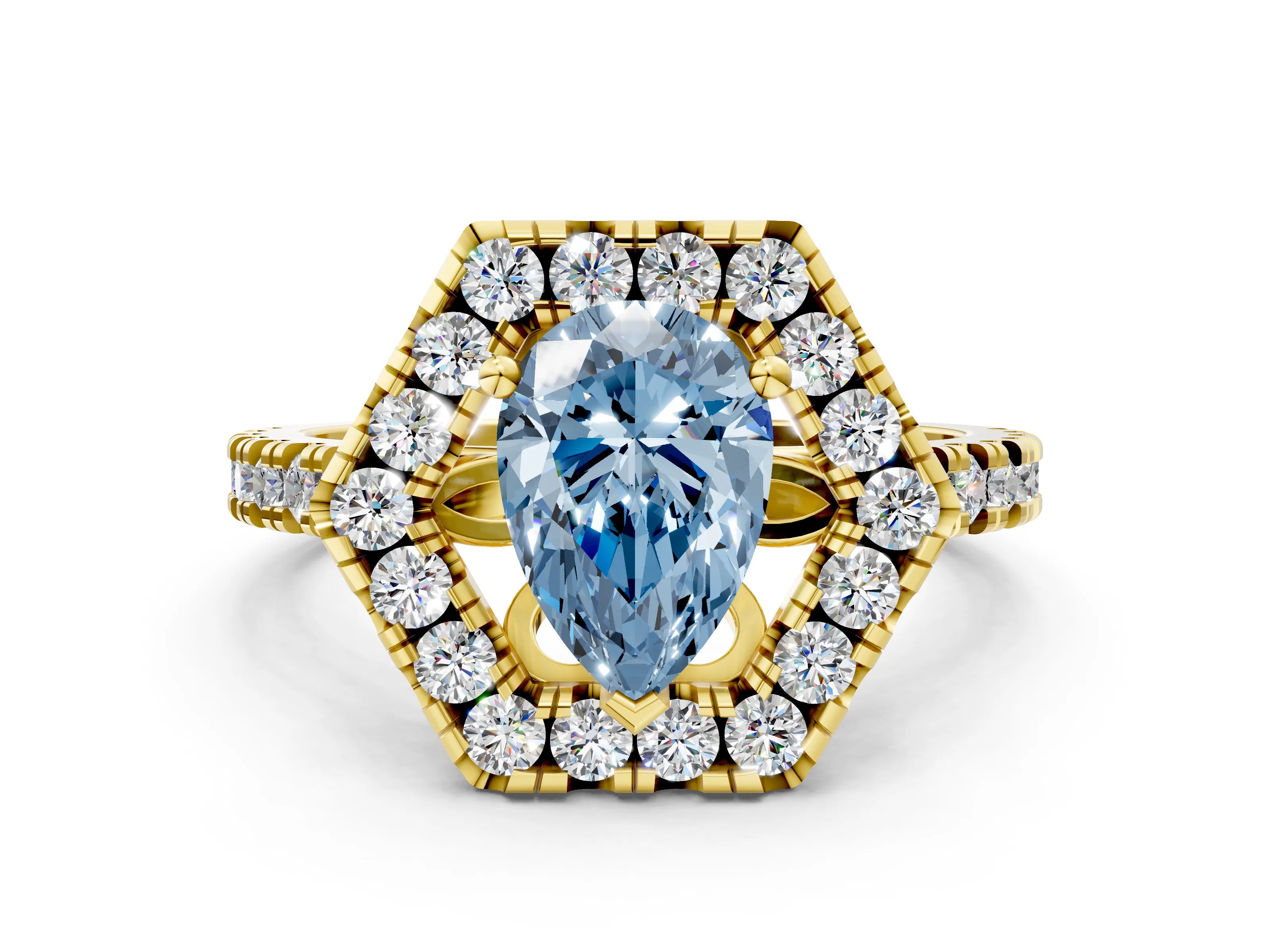 Yellow gold Hexagonal Halo Fancy Blue Pear Cut Diamond Pavé Band with Four-Prong Setting