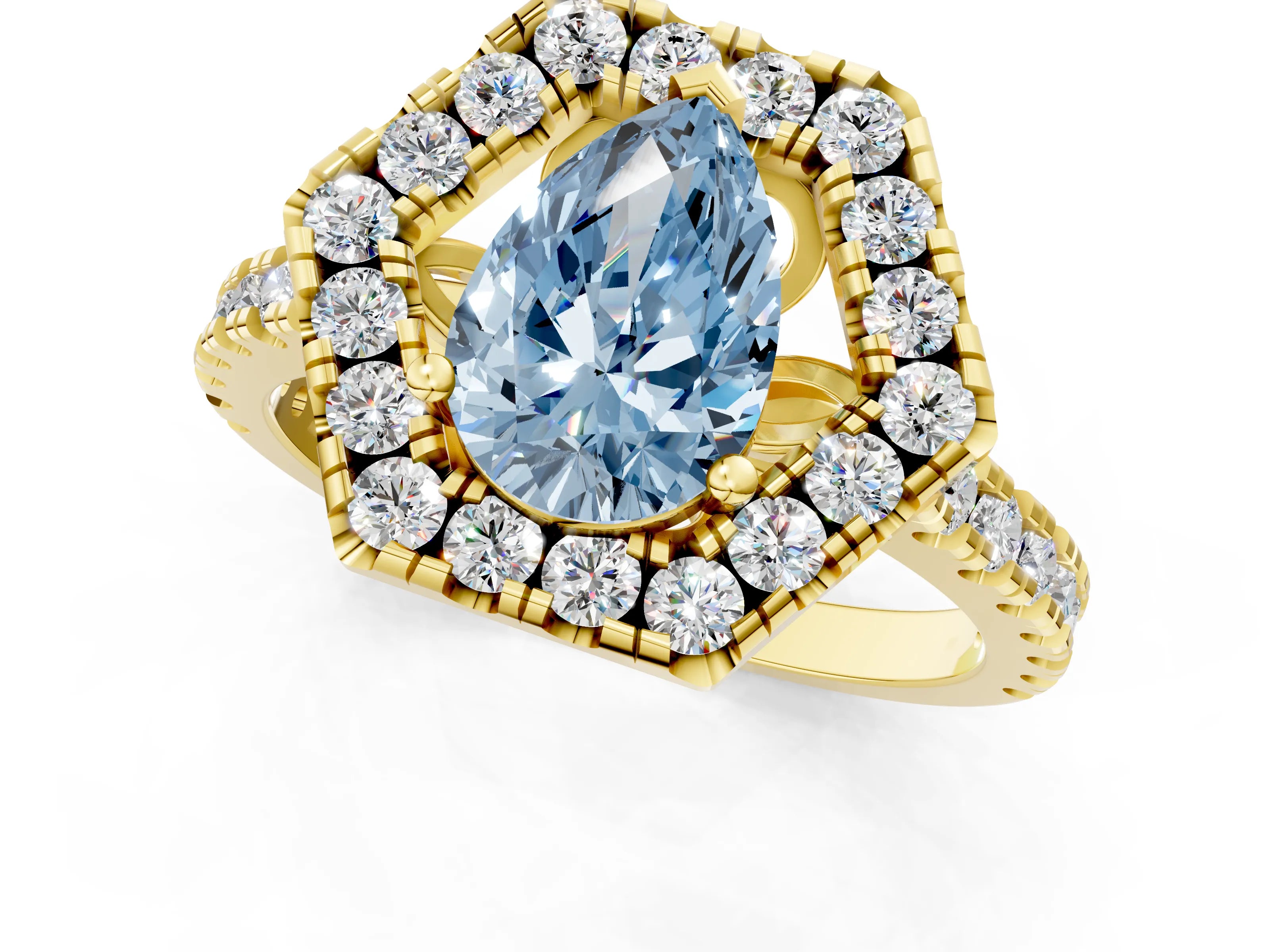 Yellow gold Hexagonal Halo Fancy Blue Pear Cut Diamond Pavé Band with Four-Prong Setting_1