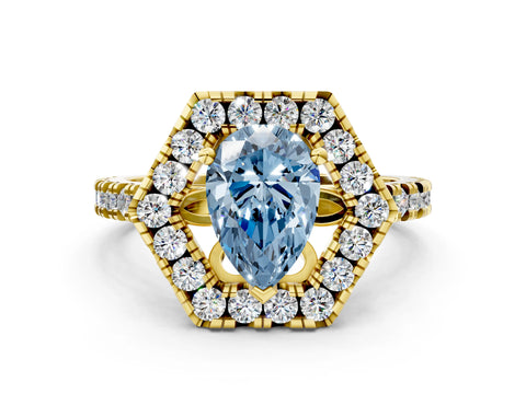 Yellow gold Hexagonal Halo Fancy Blue Pear Cut Diamond Pavé Band with Four-Prong Setting