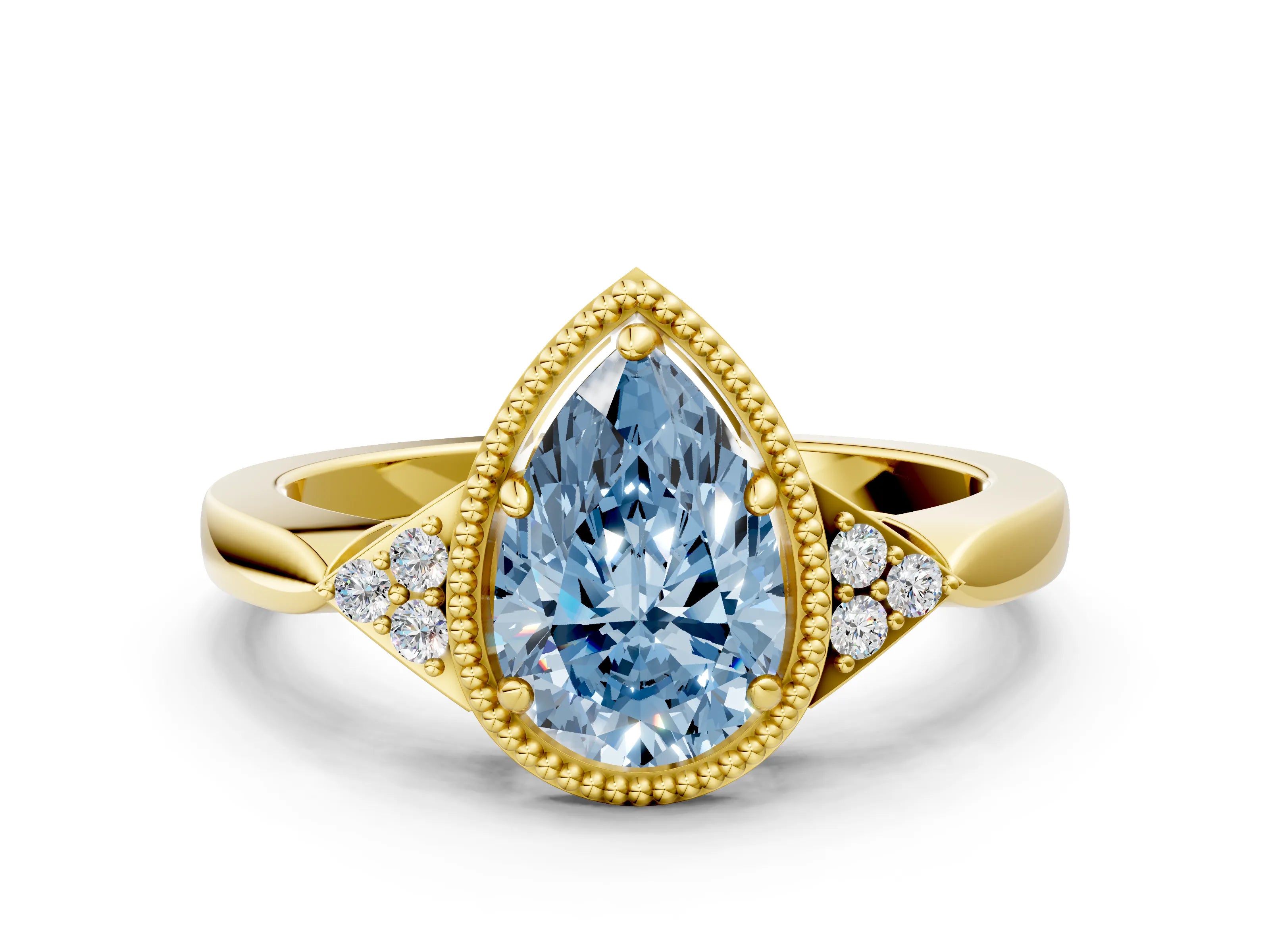 Yellow gold Hexagonal Halo Fancy Blue Pear Cut Diamond Solitaire with Pavé Band and Four-Prong Setting_3