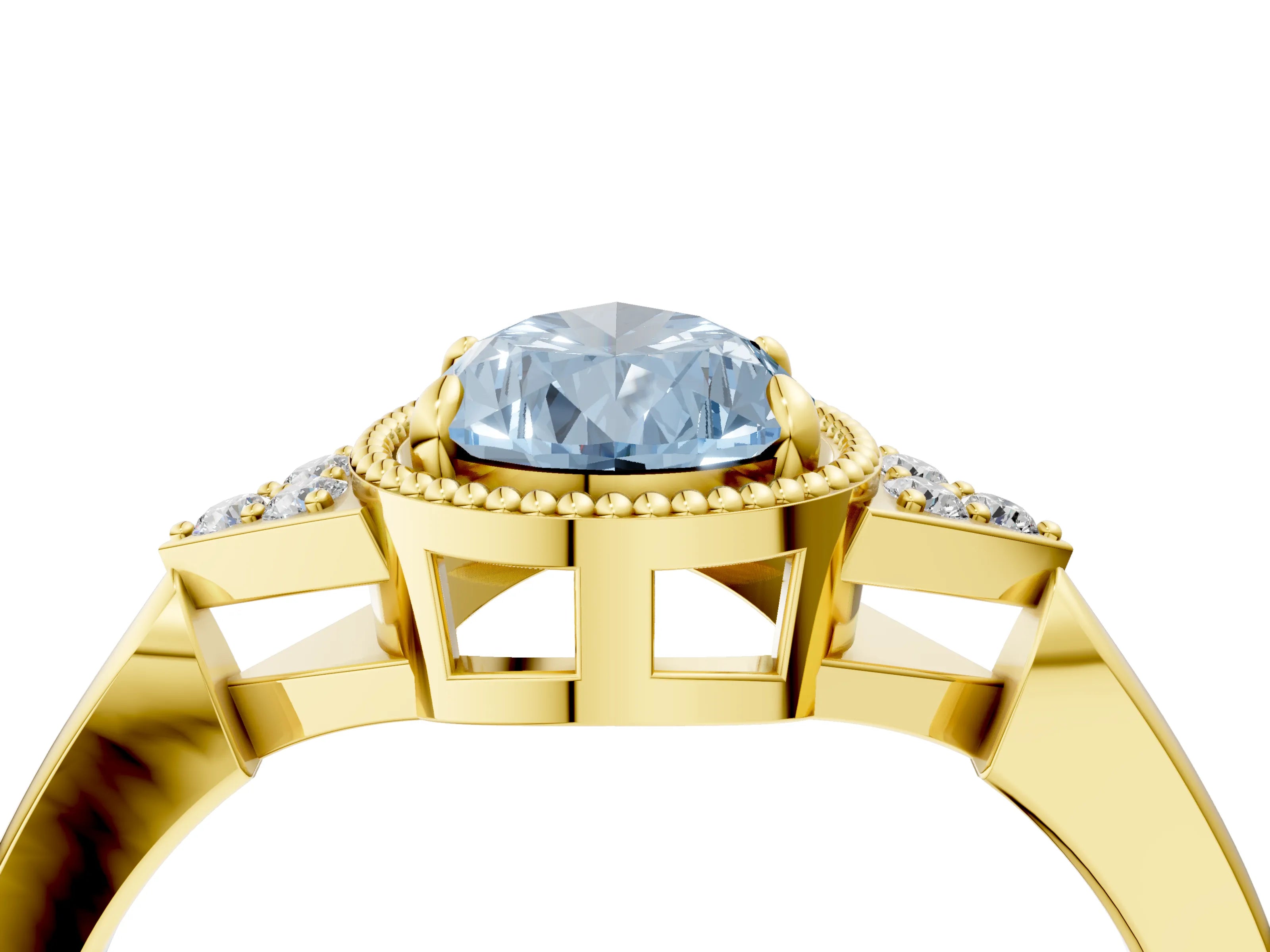 Yellow gold Hexagonal Halo Fancy Blue Pear Cut Diamond Solitaire with Pavé Band and Four-Prong Setting_7