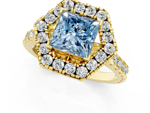 Yellow gold Hexagonal Halo Fancy Blue Princess Cut Diamond Pavé Band with Four-Prong Setting_1