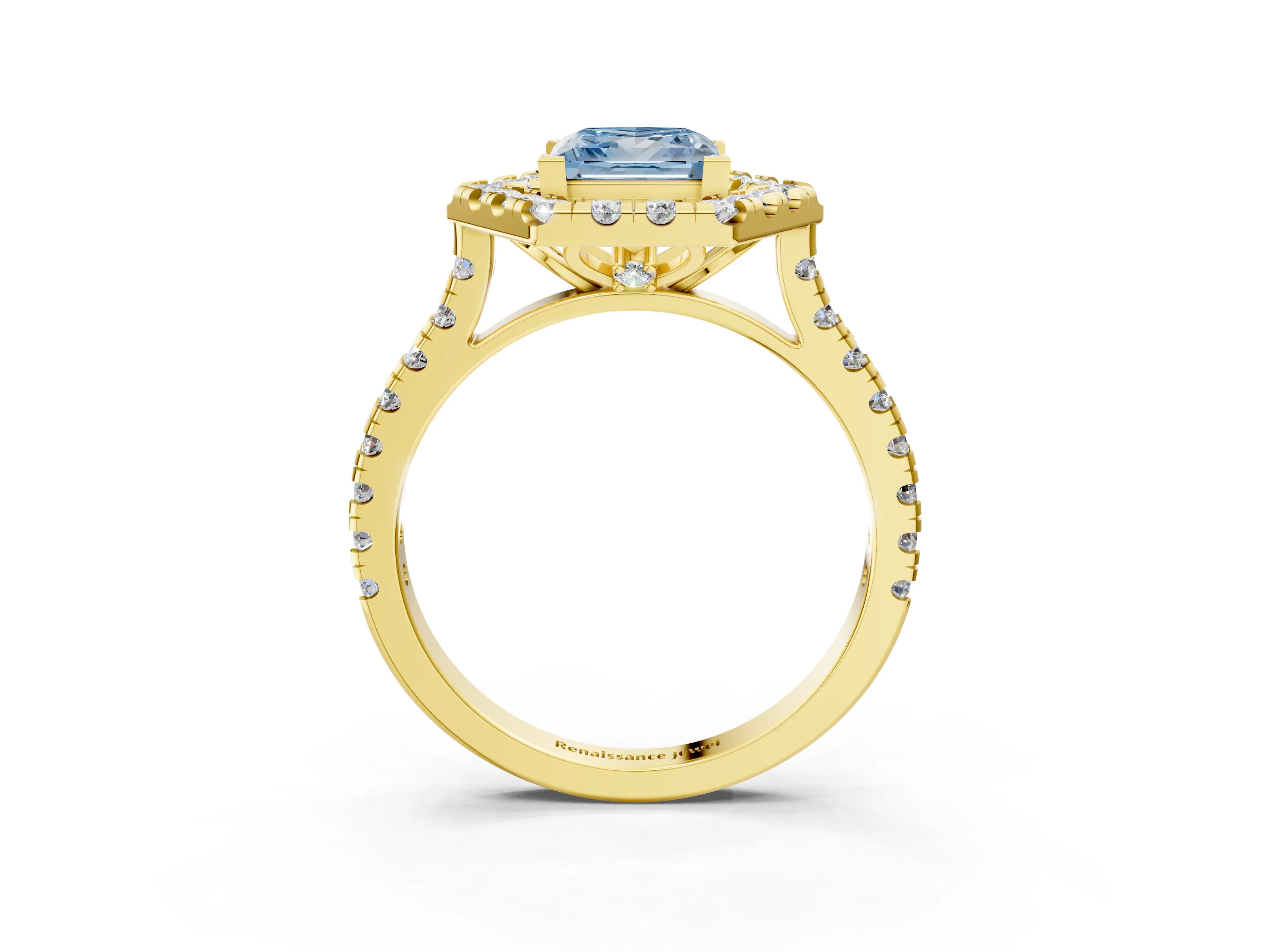 Yellow gold Hexagonal Halo Fancy Blue Princess Cut Diamond Pavé Band with Four-Prong Setting_3
