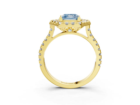 Yellow gold Hexagonal Halo Fancy Blue Princess Cut Diamond Pavé Band with Four-Prong Setting_3