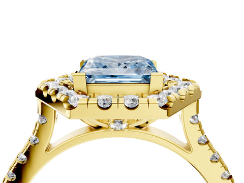 Yellow gold Hexagonal Halo Fancy Blue Princess Cut Diamond Pavé Band with Four-Prong Setting_4