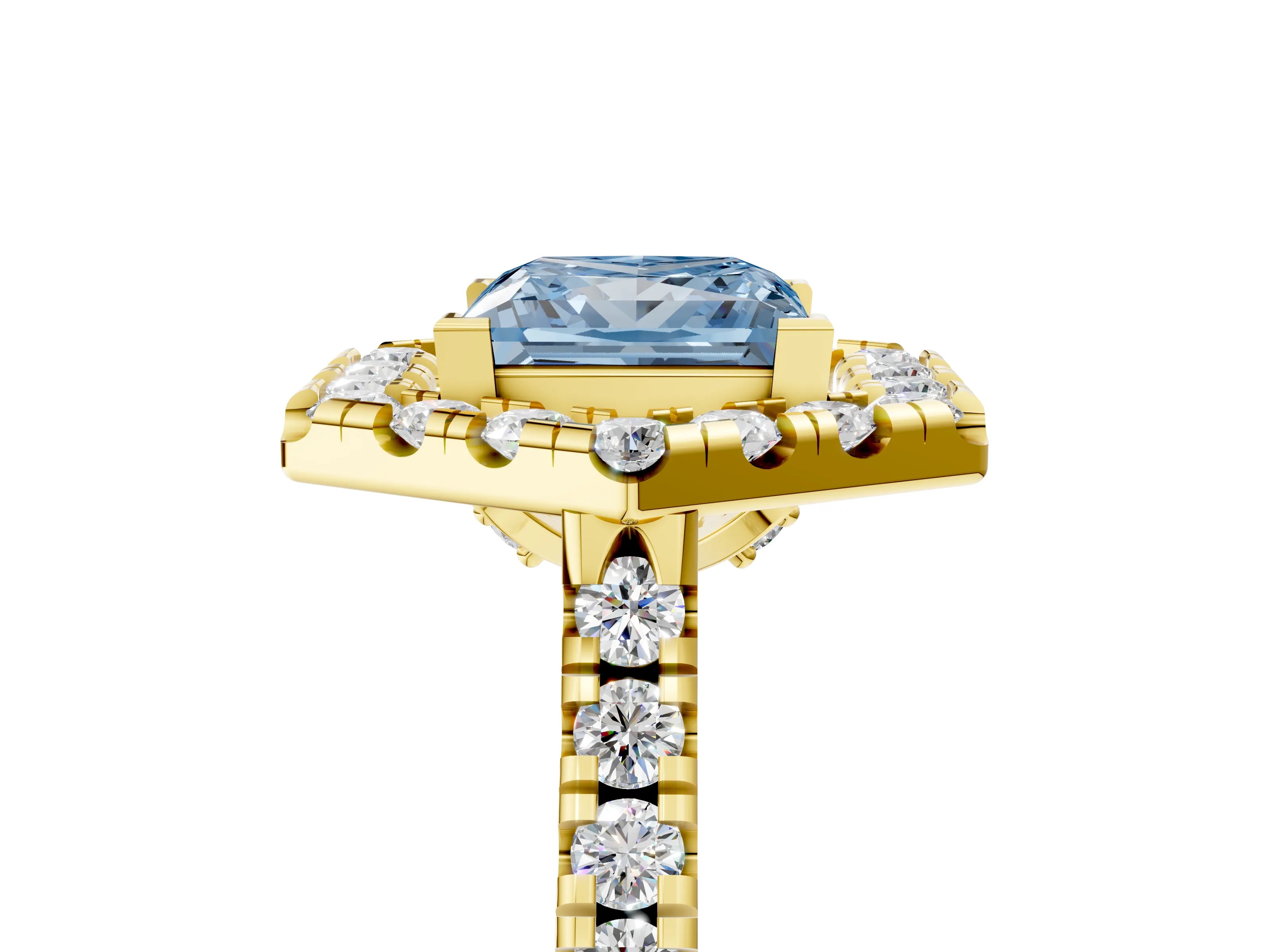 Yellow gold Hexagonal Halo Fancy Blue Princess Cut Diamond Pavé Band with Four-Prong Setting_5