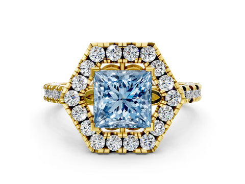 Yellow gold Hexagonal Halo Fancy Blue Princess Cut Diamond Pavé Band with Four-Prong Setting