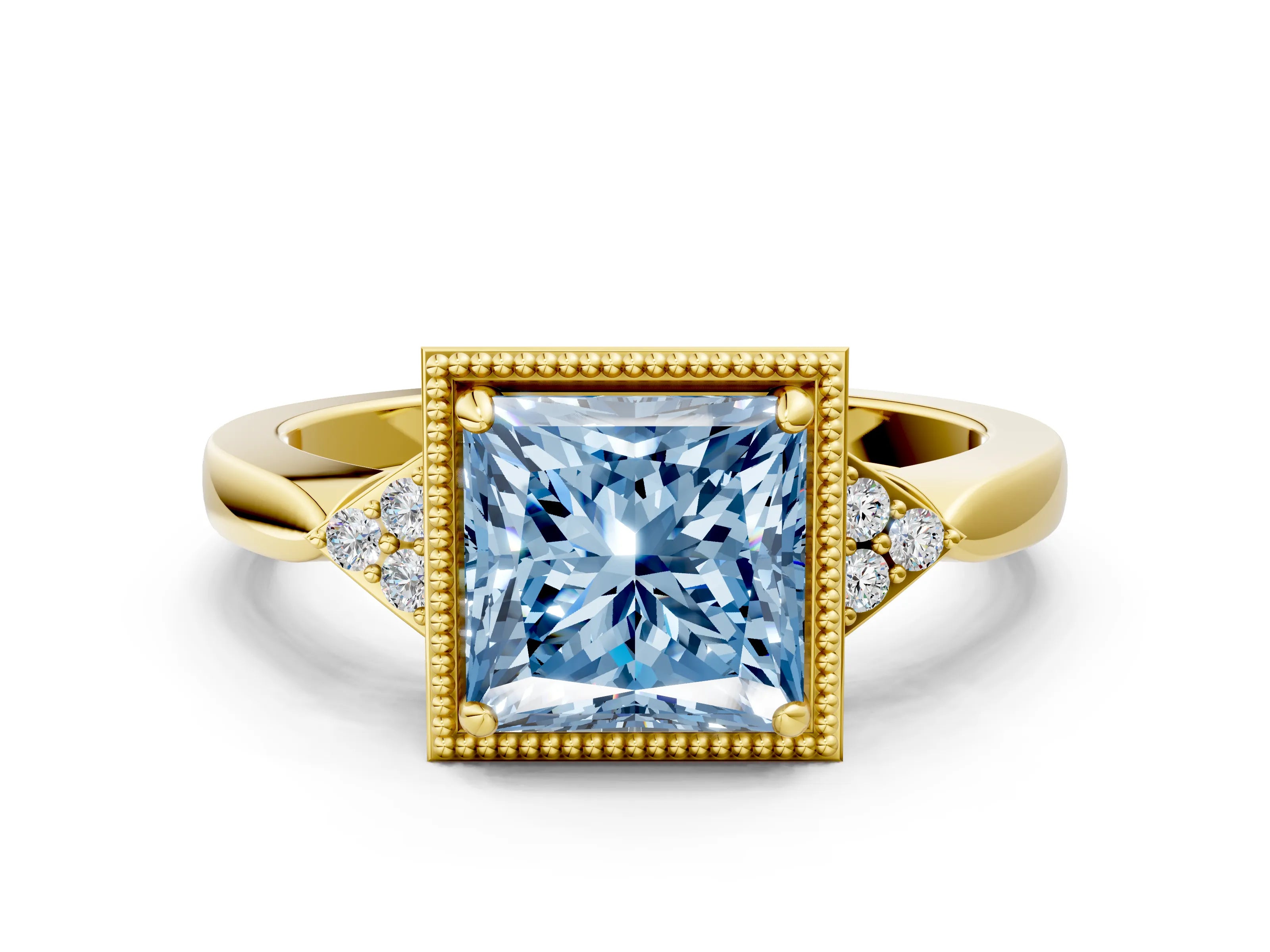 Yellow gold Hexagonal Halo Fancy Blue Princess Cut Diamond Solitaire with Pavé Band and Four-Prong Setting_3
