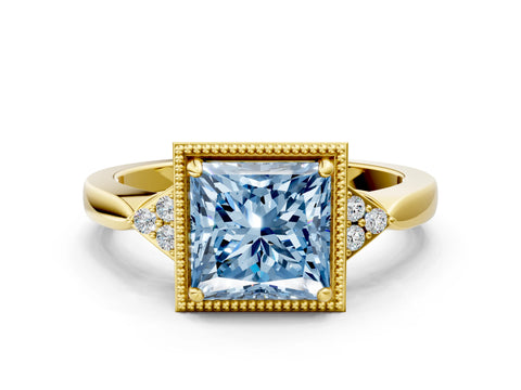 Yellow gold Hexagonal Halo Fancy Blue Princess Cut Diamond Solitaire with Pavé Band and Four-Prong Setting_3