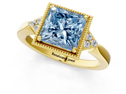 Yellow gold Hexagonal Halo Fancy Blue Princess Cut Diamond Solitaire with Pavé Band and Four-Prong Setting_4