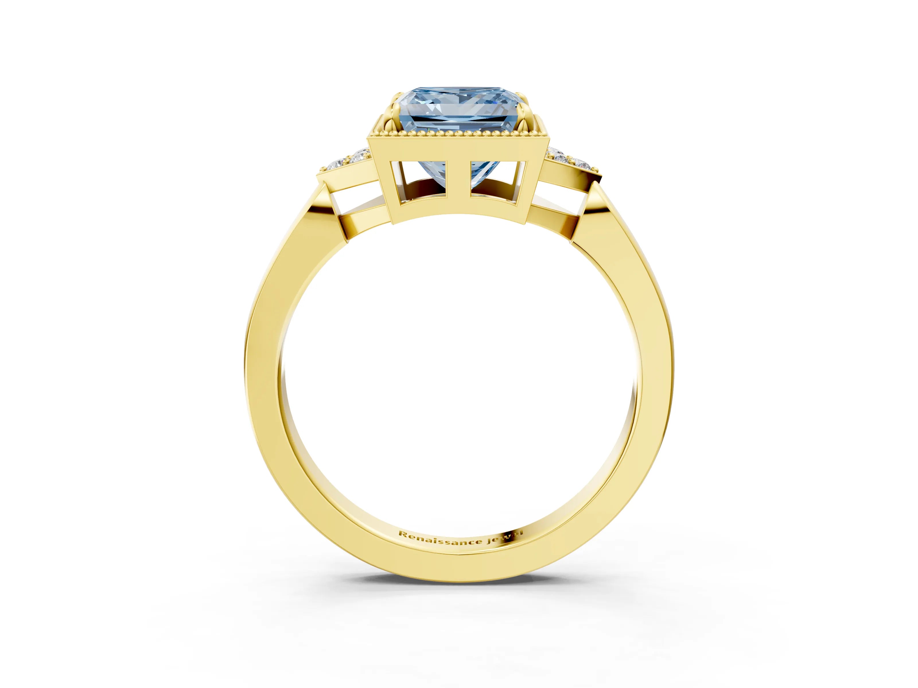 Yellow gold Hexagonal Halo Fancy Blue Princess Cut Diamond Solitaire with Pavé Band and Four-Prong Setting_6