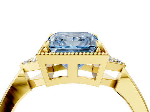 Yellow gold Hexagonal Halo Fancy Blue Princess Cut Diamond Solitaire with Pavé Band and Four-Prong Setting_7
