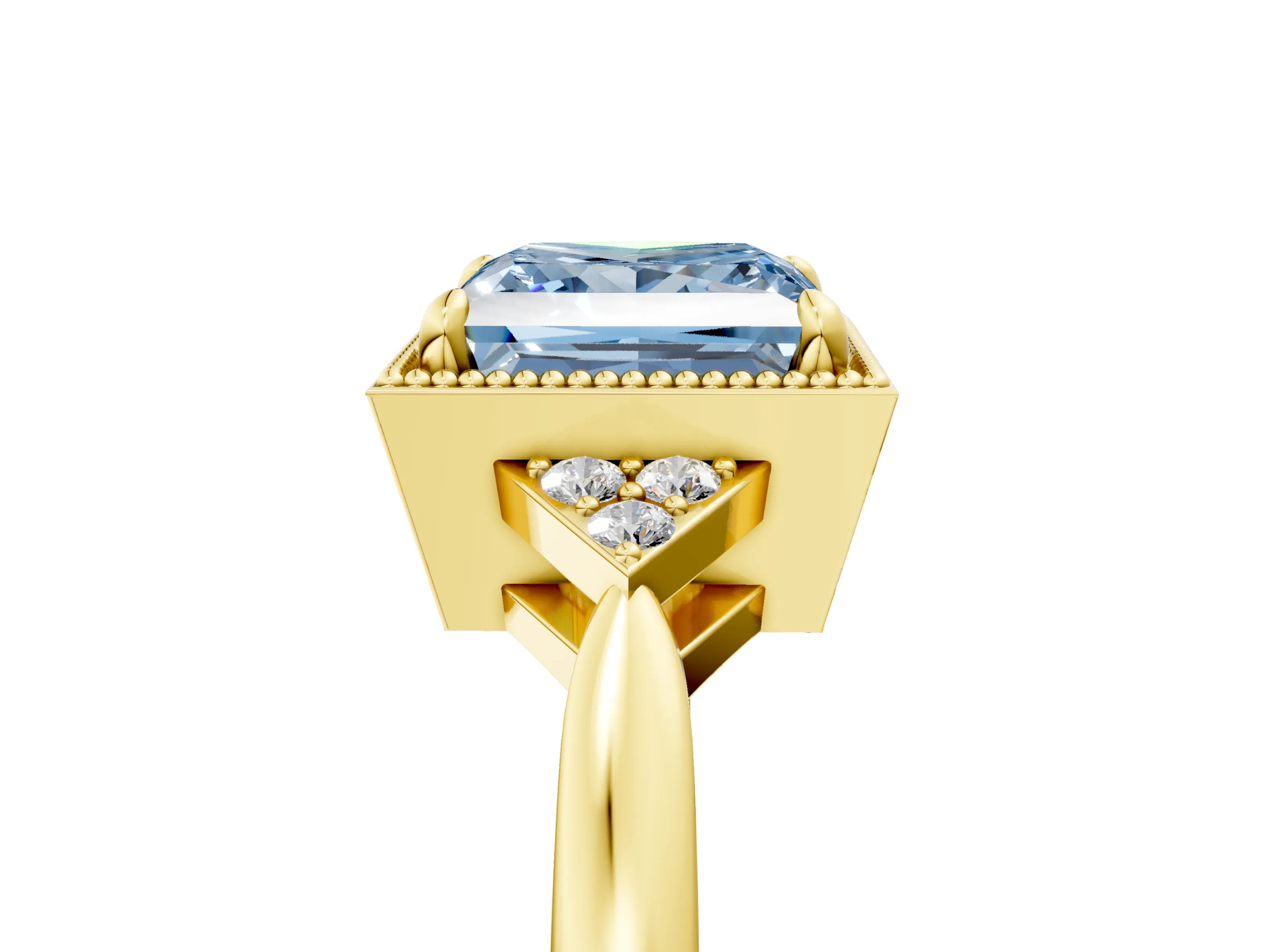 Yellow gold Hexagonal Halo Fancy Blue Princess Cut Diamond Solitaire with Pavé Band and Four-Prong Setting_8