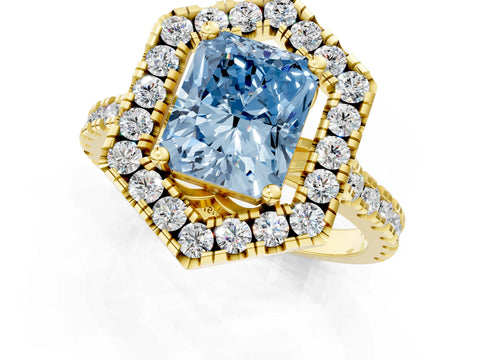 Yellow gold Hexagonal Halo Fancy Blue Radiant Cut Diamond Pavé Band with Four-Prong Setting_1