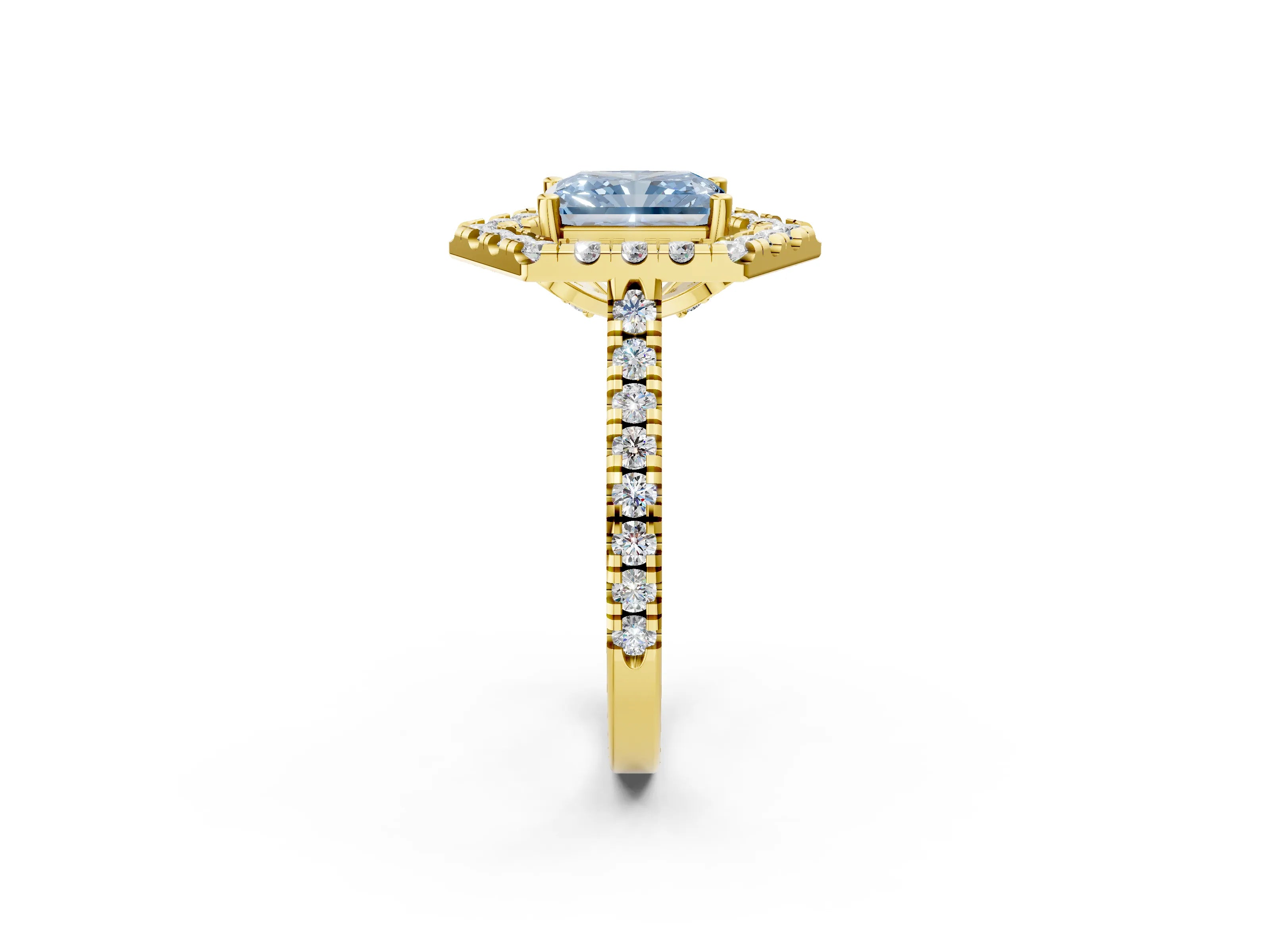 Yellow gold Hexagonal Halo Fancy Blue Radiant Cut Diamond Pavé Band with Four-Prong Setting_2