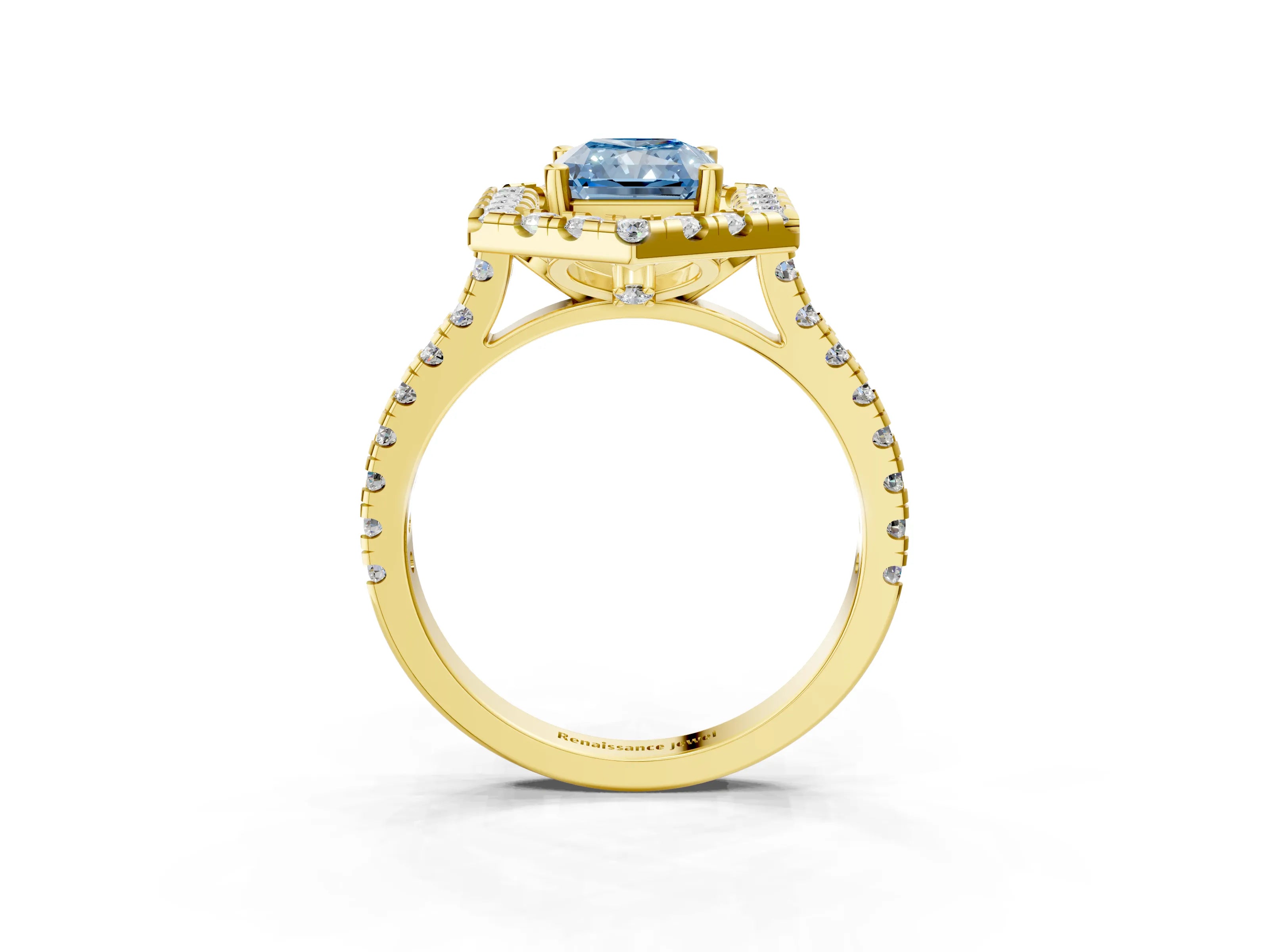 Yellow gold Hexagonal Halo Fancy Blue Radiant Cut Diamond Pavé Band with Four-Prong Setting_3