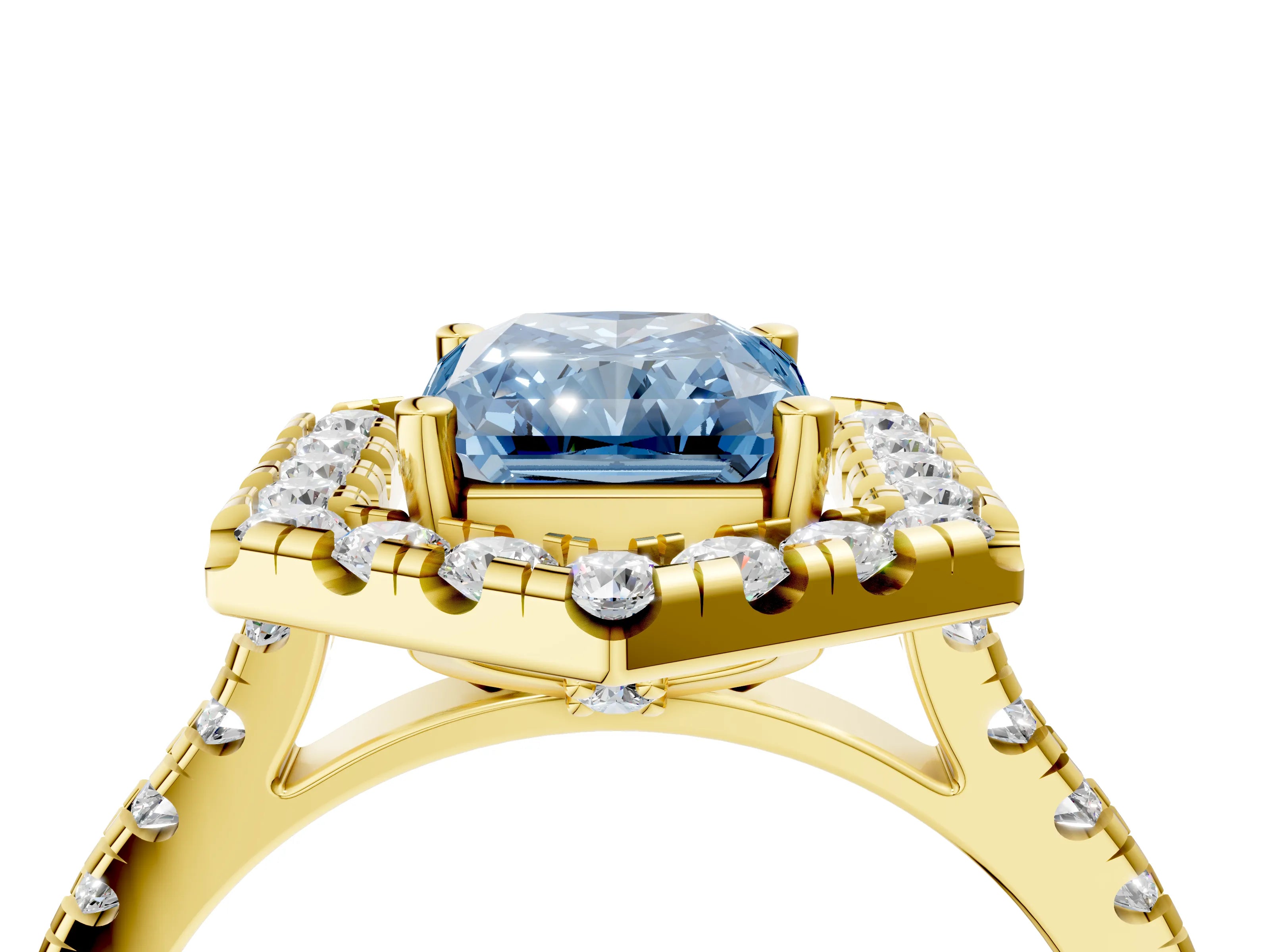 Yellow gold Hexagonal Halo Fancy Blue Radiant Cut Diamond Pavé Band with Four-Prong Setting_4