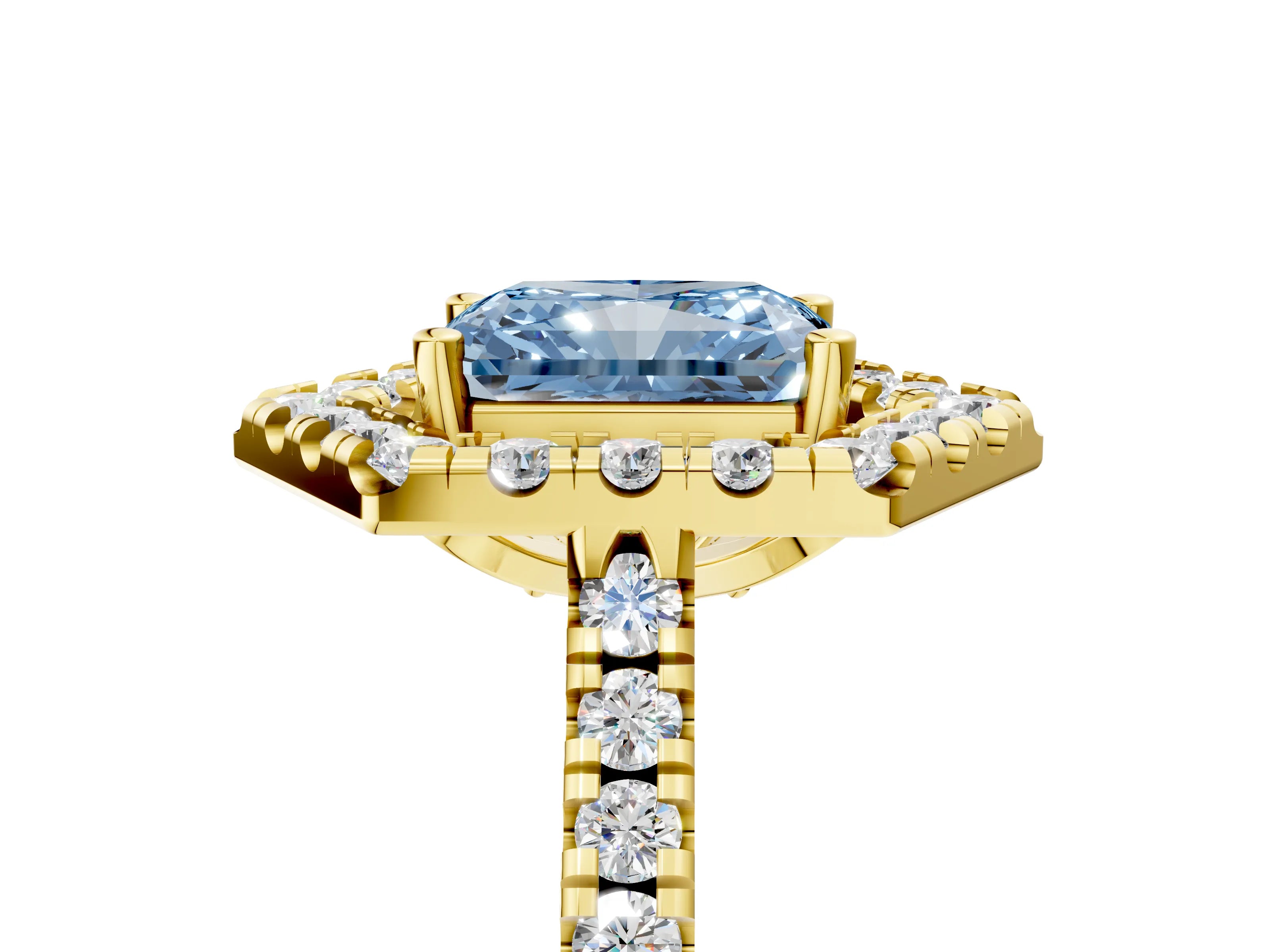 Yellow gold Hexagonal Halo Fancy Blue Radiant Cut Diamond Pavé Band with Four-Prong Setting_5