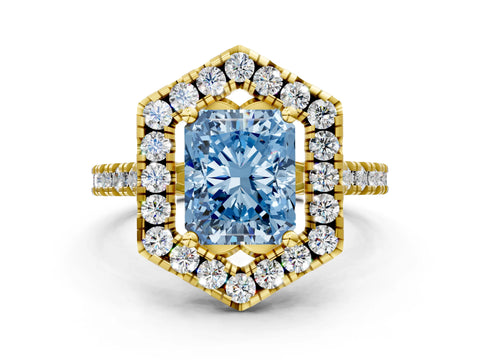 Yellow gold Hexagonal Halo Fancy Blue Radiant Cut Diamond Pavé Band with Four-Prong Setting