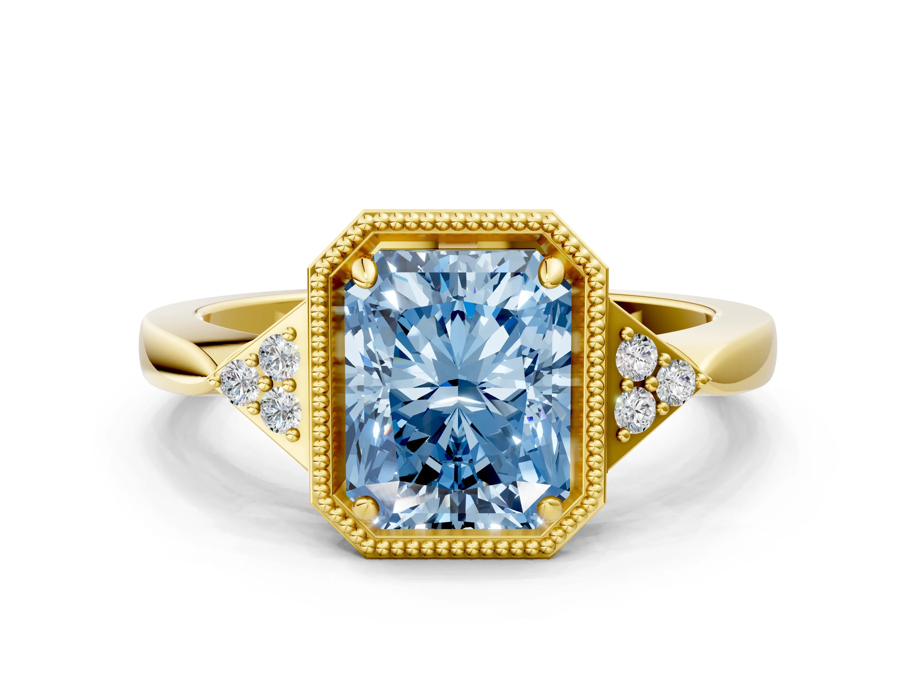 Yellow gold Hexagonal Halo Fancy Blue Radiant Cut Diamond Solitaire with Pavé Band and Four-Prong Setting_3