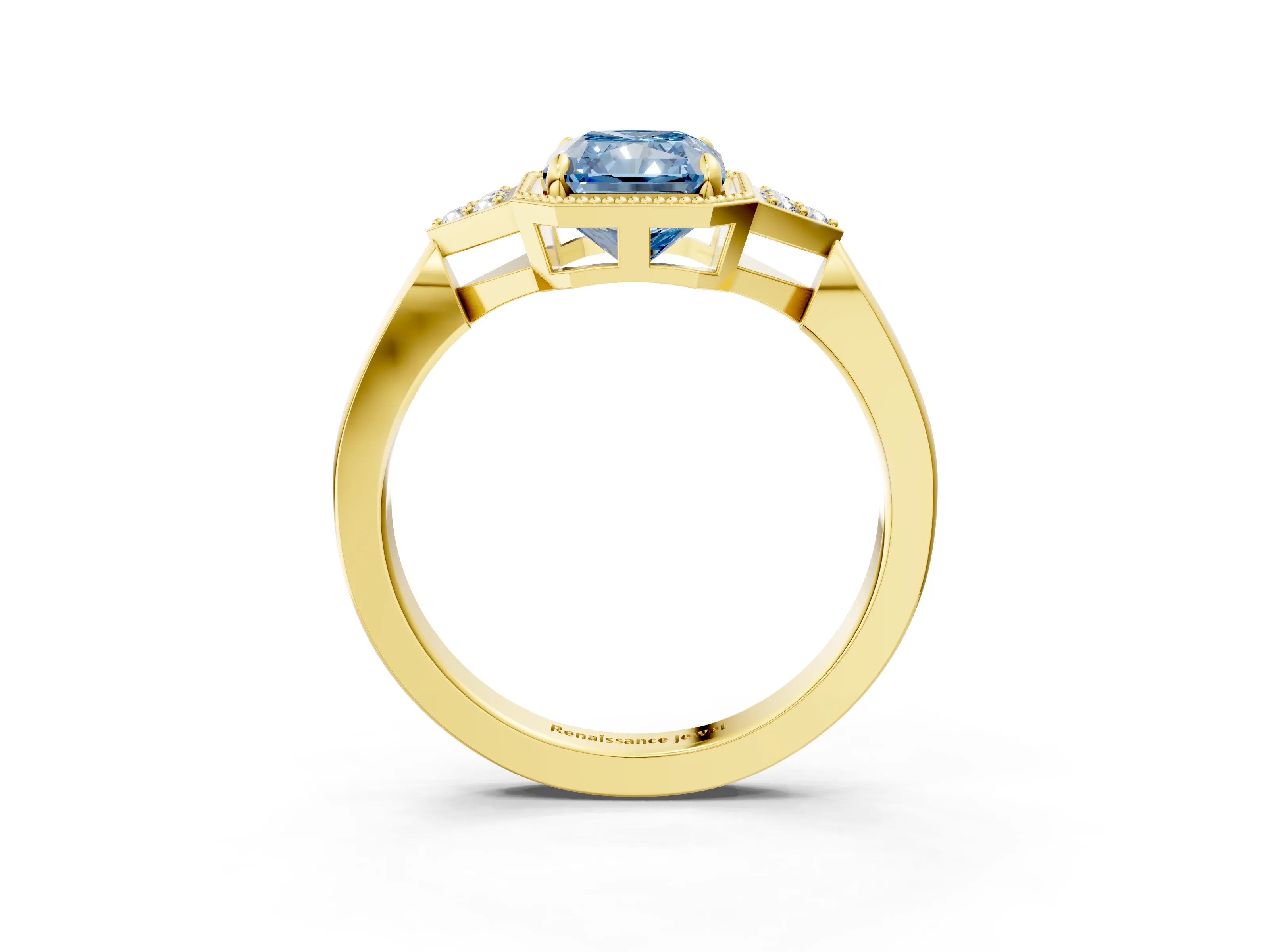 Yellow gold Hexagonal Halo Fancy Blue Radiant Cut Diamond Solitaire with Pavé Band and Four-Prong Setting_6