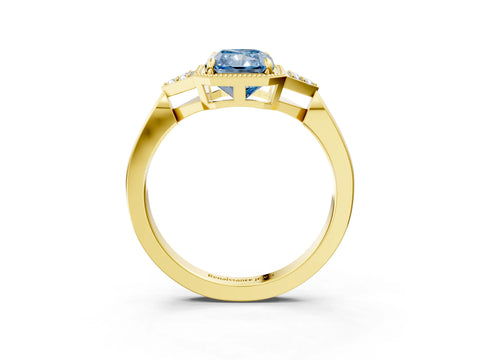 Yellow gold Hexagonal Halo Fancy Blue Radiant Cut Diamond Solitaire with Pavé Band and Four-Prong Setting_6