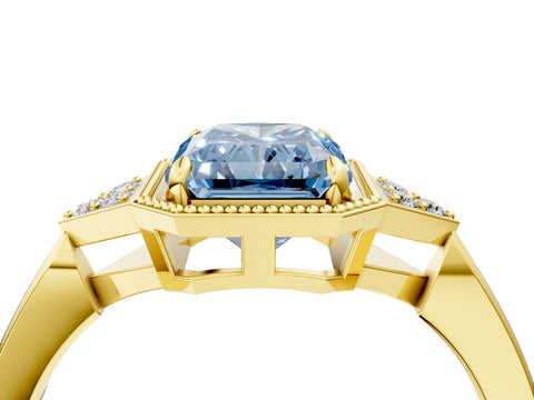 Yellow gold Hexagonal Halo Fancy Blue Radiant Cut Diamond Solitaire with Pavé Band and Four-Prong Setting_7