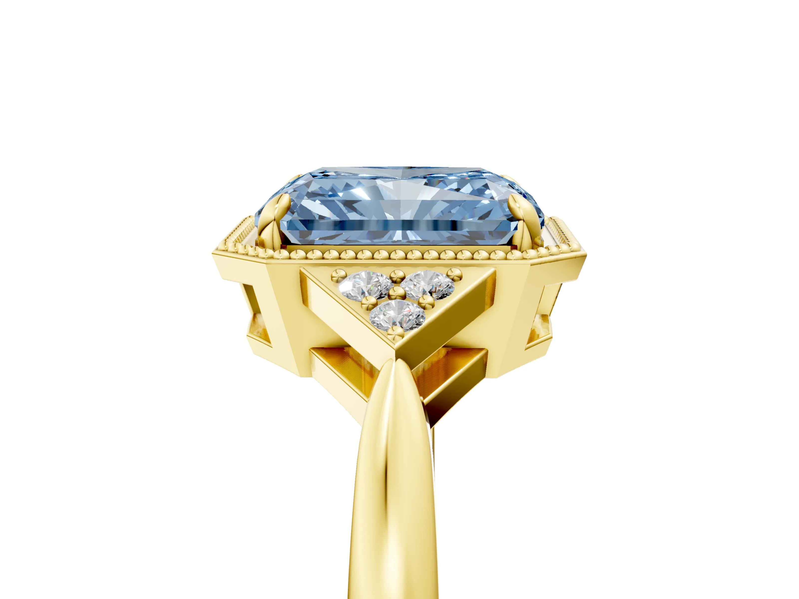 Yellow gold Hexagonal Halo Fancy Blue Radiant Cut Diamond Solitaire with Pavé Band and Four-Prong Setting_8