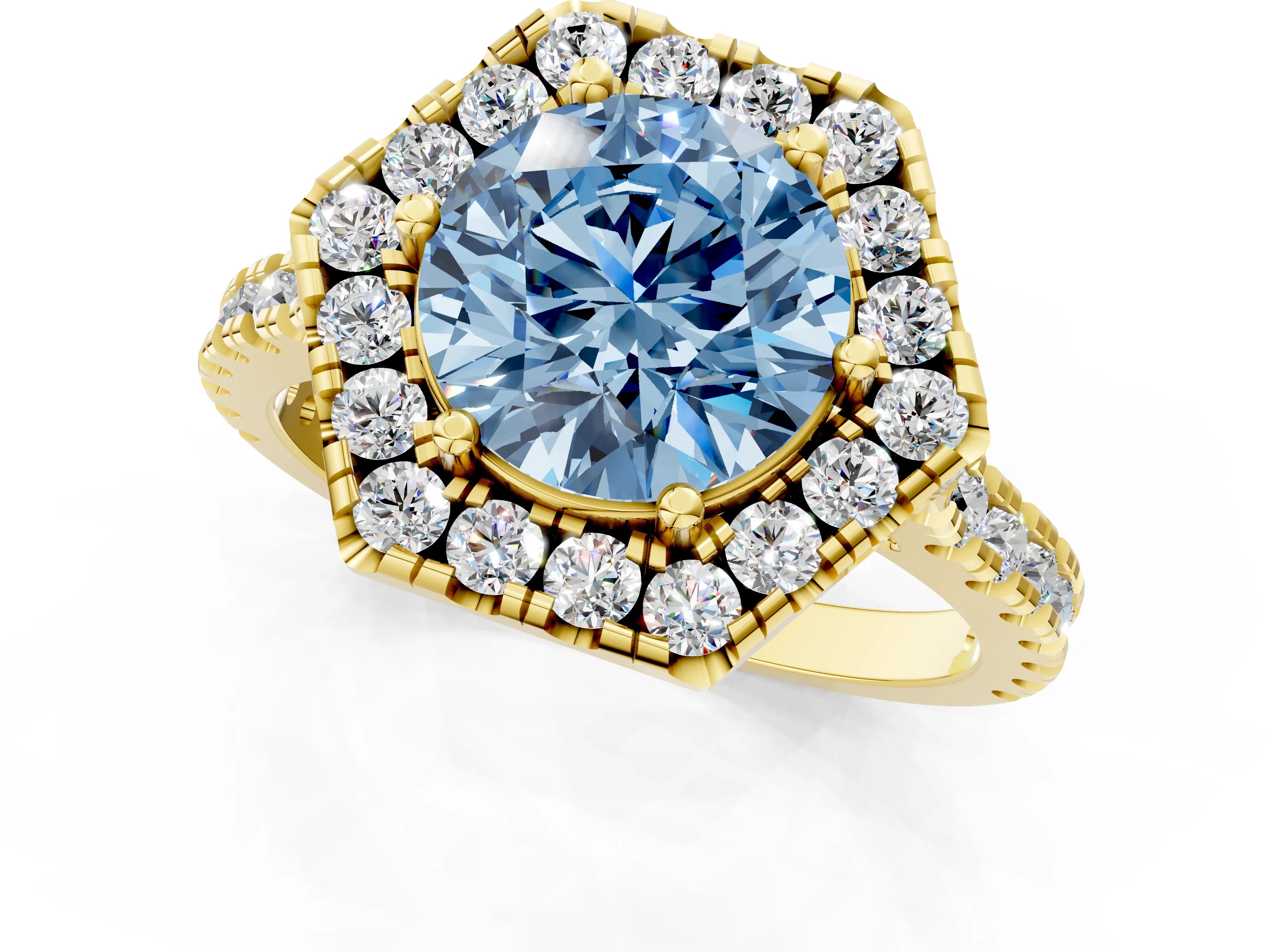 Yellow gold Hexagonal Halo Fancy Blue Round Cut Diamond Pavé Band with Four-Prong Setting_1