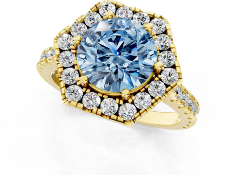Yellow gold Hexagonal Halo Fancy Blue Round Cut Diamond Pavé Band with Four-Prong Setting_1