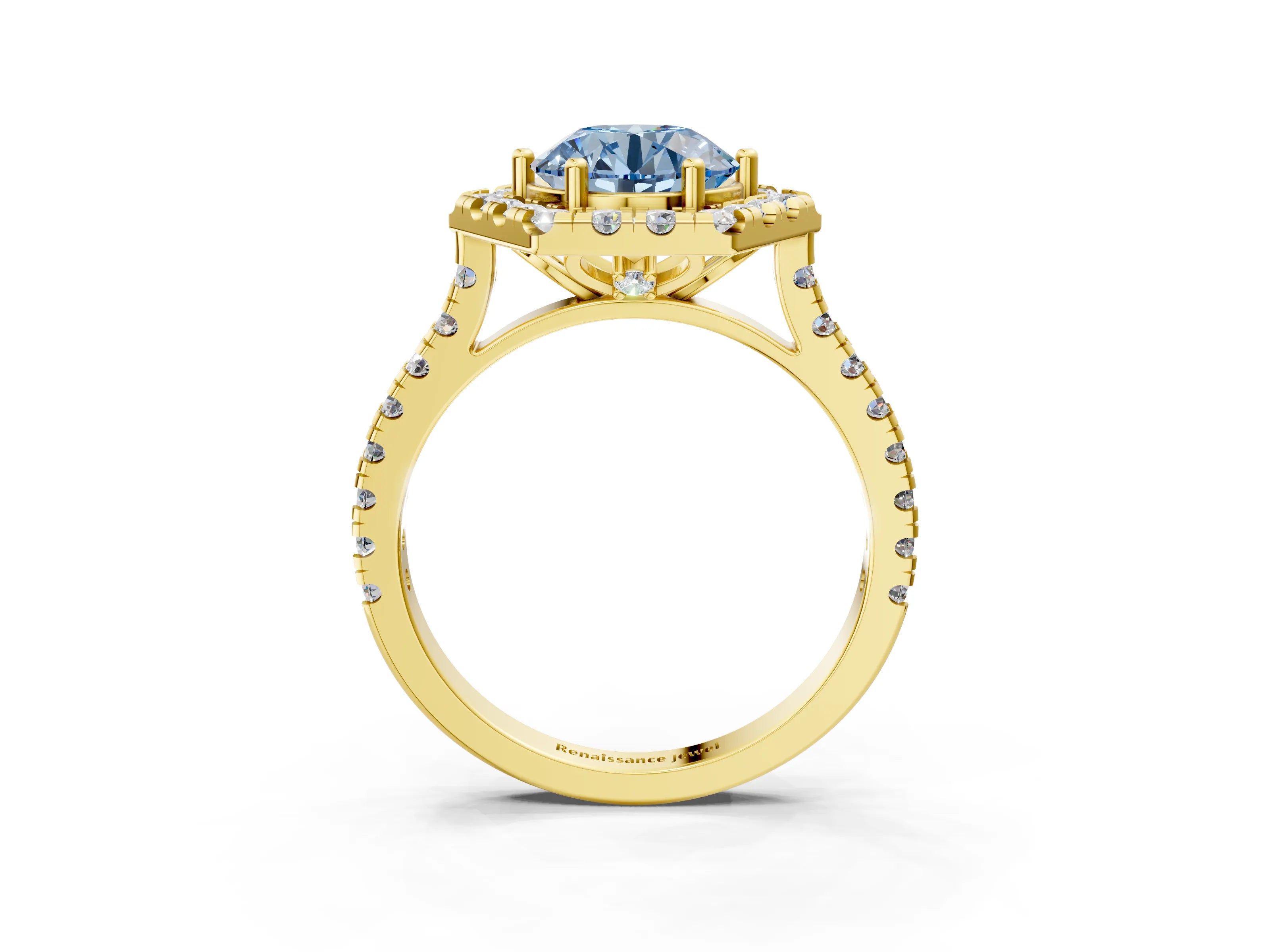 Yellow gold Hexagonal Halo Fancy Blue Round Cut Diamond Pavé Band with Four-Prong Setting_3