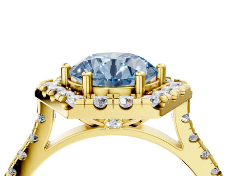 Yellow gold Hexagonal Halo Fancy Blue Round Cut Diamond Pavé Band with Four-Prong Setting_4