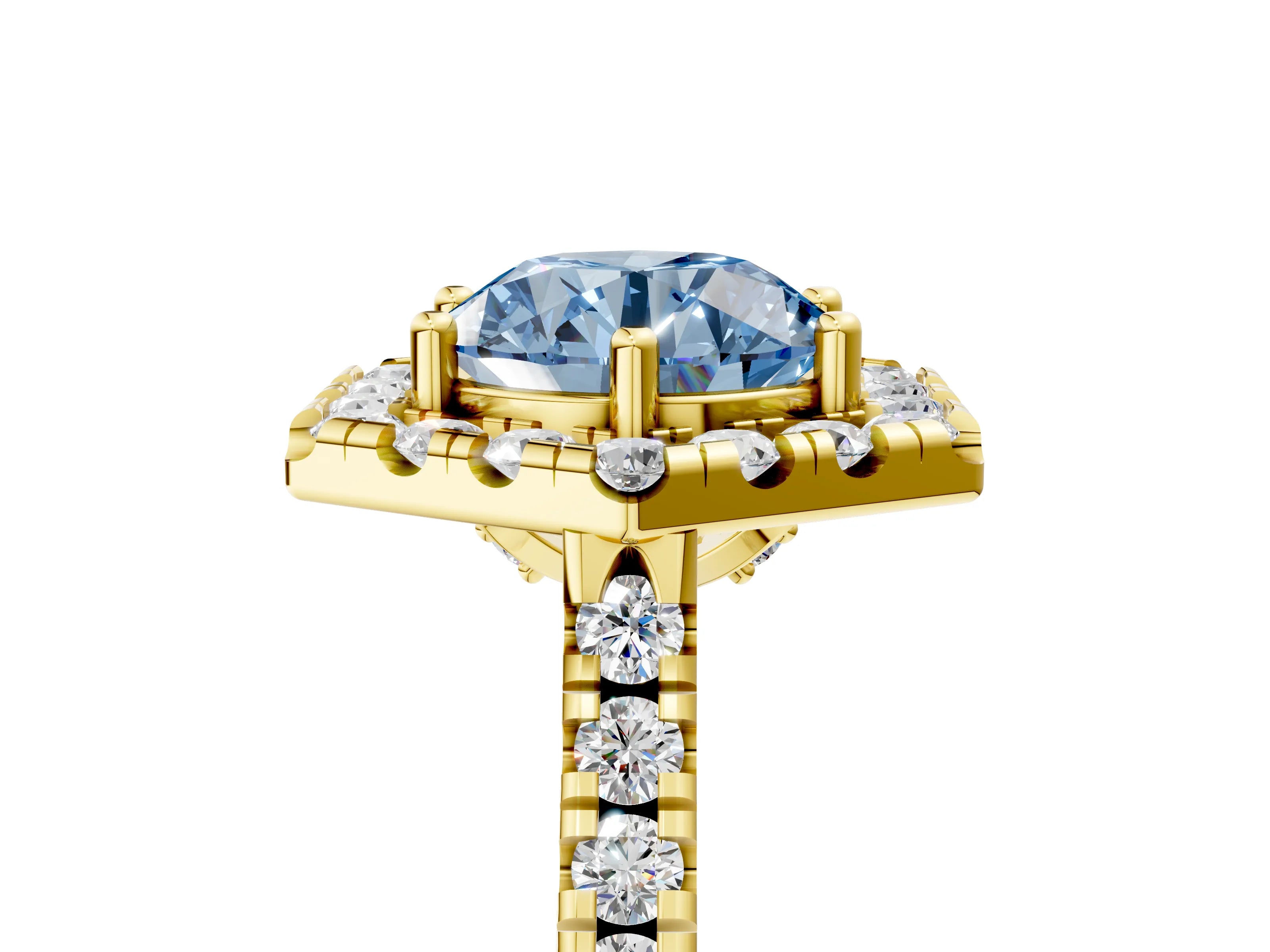 Yellow gold Hexagonal Halo Fancy Blue Round Cut Diamond Pavé Band with Four-Prong Setting_5