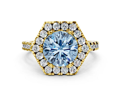 Yellow gold Hexagonal Halo Fancy Blue Round Cut Diamond Pavé Band with Four-Prong Setting